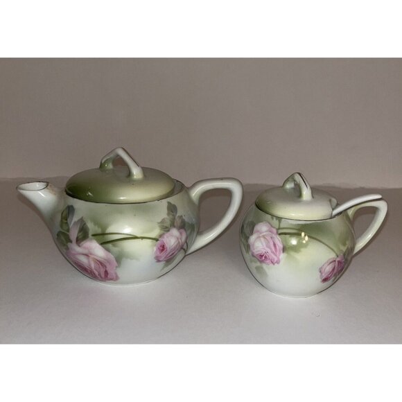 vintage rs prussia hand painted roses porcelain covered cream & sugar with spoon - Picture 1 of 16